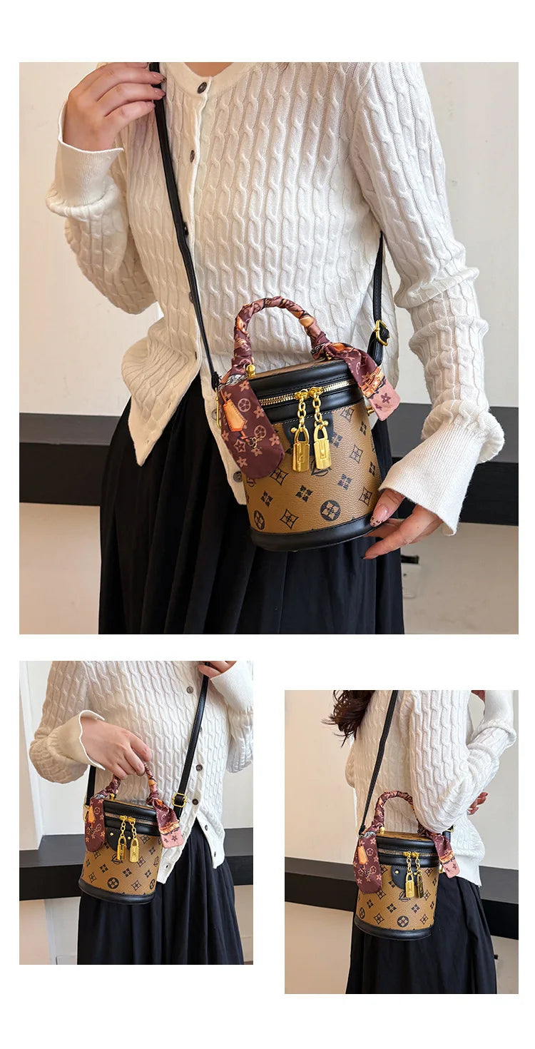 Stylish Printed Bucket Bag with Scarf Detachable Strap Shoulder Crossbody Bag for Women