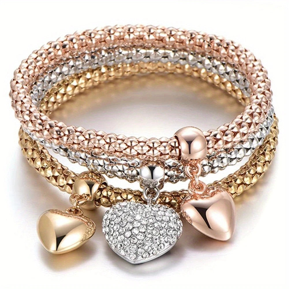 3Pcs Fashion Heart Bracelet Set For Women Crystal Owl Lock Key Music Sign Butterfly Elephant Charm Bangle Party Jewelry Gift
