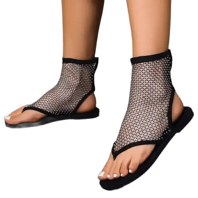 2025 Summer Women's New Round Toe Flat Bottom Sandals Hollow Short Boots Water Diamond Sexy Flat Bottom Fashion Banquet Slippers