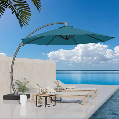 11ft round Aluminum Patio Umbrella with Base - Offset Cantilever Design 360° Rotating Customizable Large Outdoor Shade Umbrella