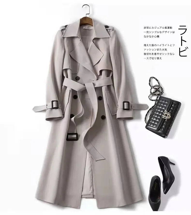 Long Trench Coat Women Lace Up Button Coats Full Sleeve Turn Down Collar Splice Jackets Solid Pockets Office Lady Streetwear