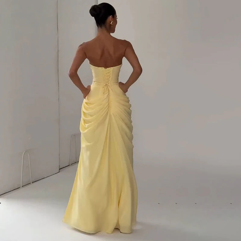Elegant Yellow Strapless Pleated Dress Women Chic Sleeveless Waist Cinching Split Maxi Gowns 2026 Summer Lady Evening Party Robe