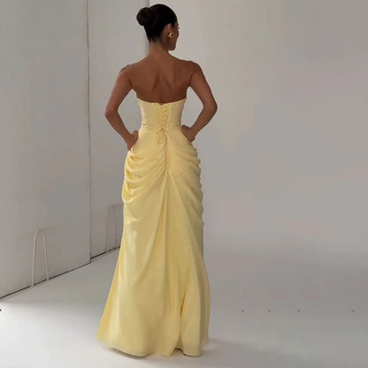 Elegant Yellow Strapless Pleated Dress Women Chic Sleeveless Waist Cinching Split Maxi Gowns 2026 Summer Lady Evening Party Robe