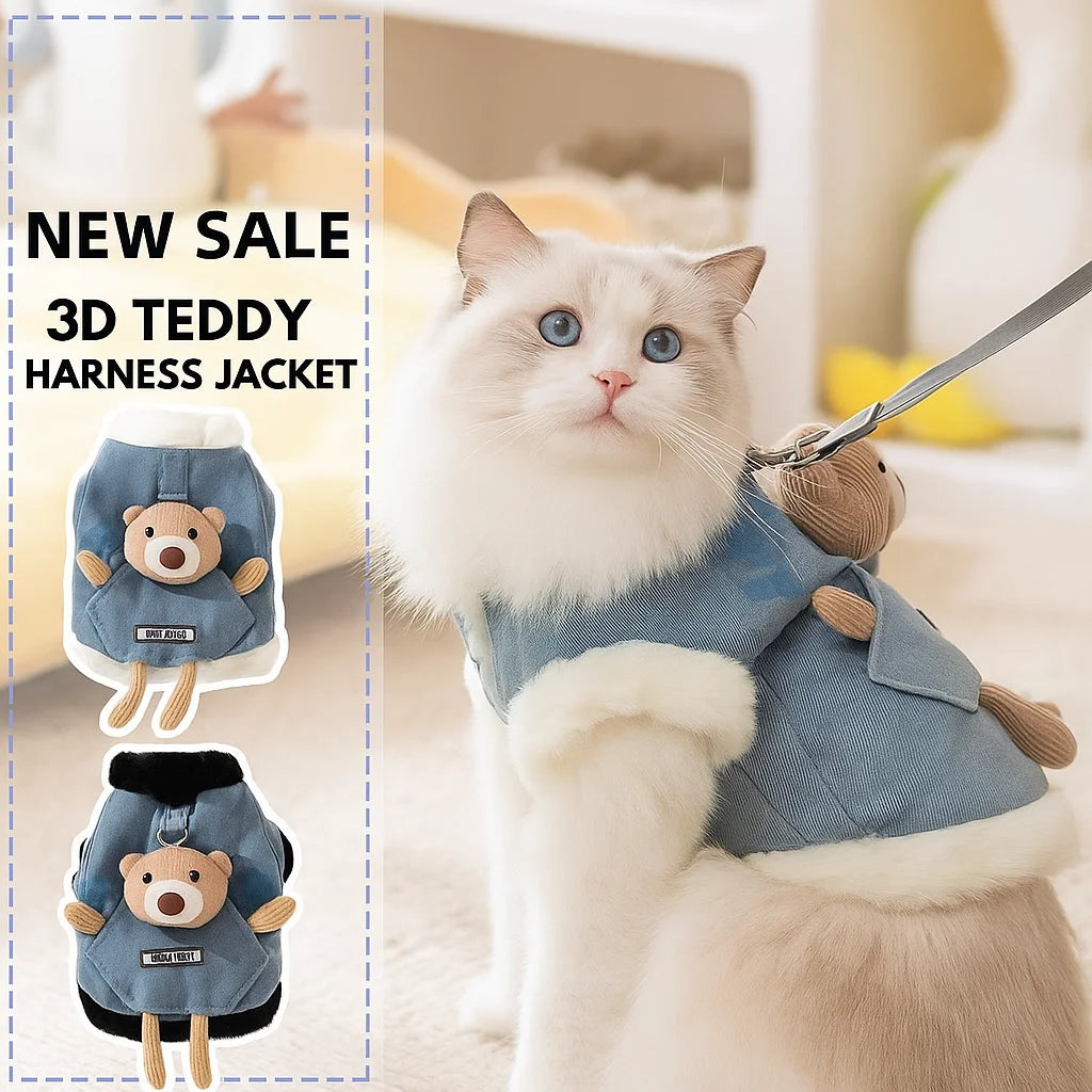 Cat autumn and winter thickened warm pocket three-dimensional bear denim traction vest small dog dog pet clothes