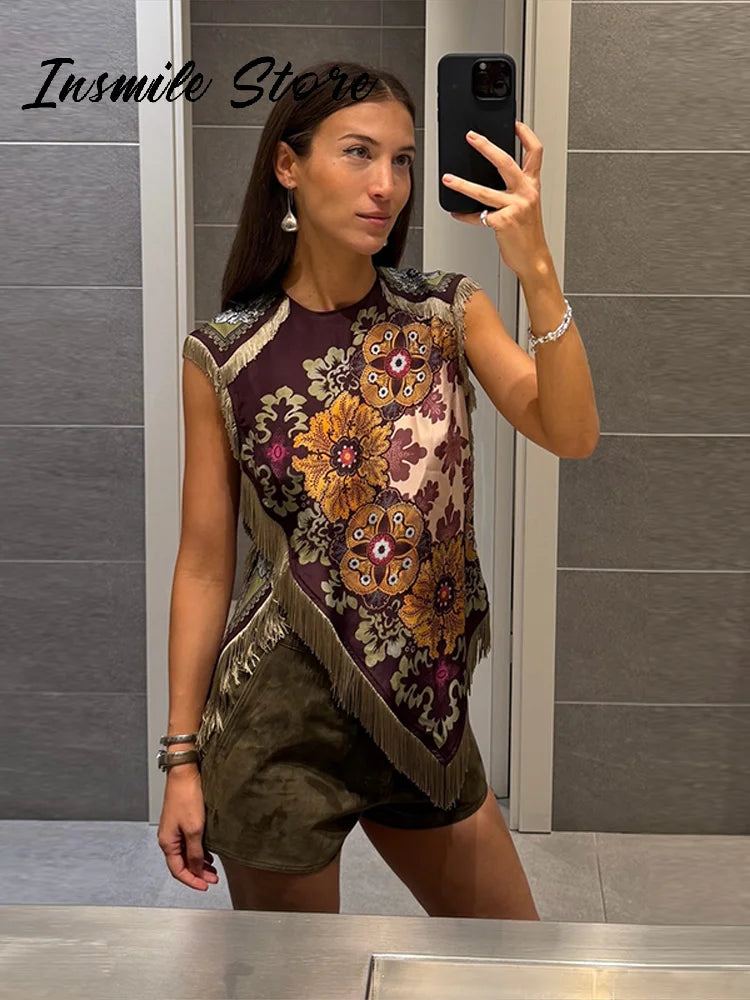 Fashion Tassel Printed Irregular Top Women Loose O-neck Sleeveless Patchwork Vest 2026 Summer Lady New Casual Beach Y2k Outfit