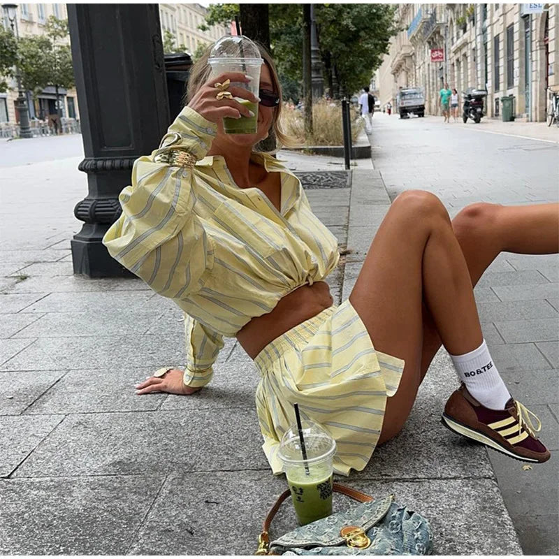 Women's Striped 2 Piece-Set Casual Lapel Long Sleeve Lace-Up Cropped T-Shirt High Waist Shorts 2026 Spring Lady Fashion Outfit