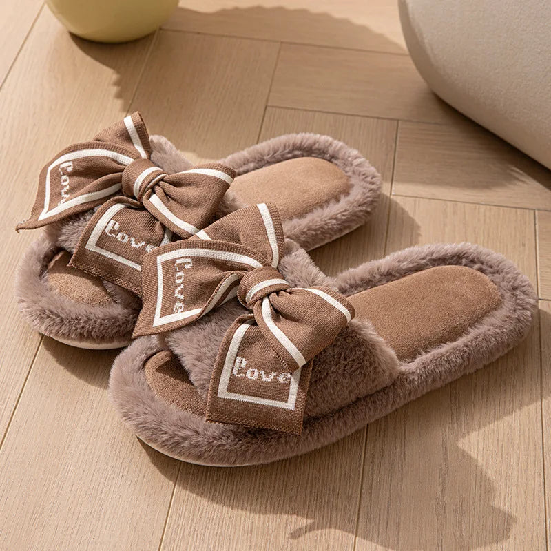 Love Fluffy Women's Slippers House Bow Luxury Designer Woman Shoes Flats Fuzzy Fur Slides Home Spring Autumn Elegant Soft Sole