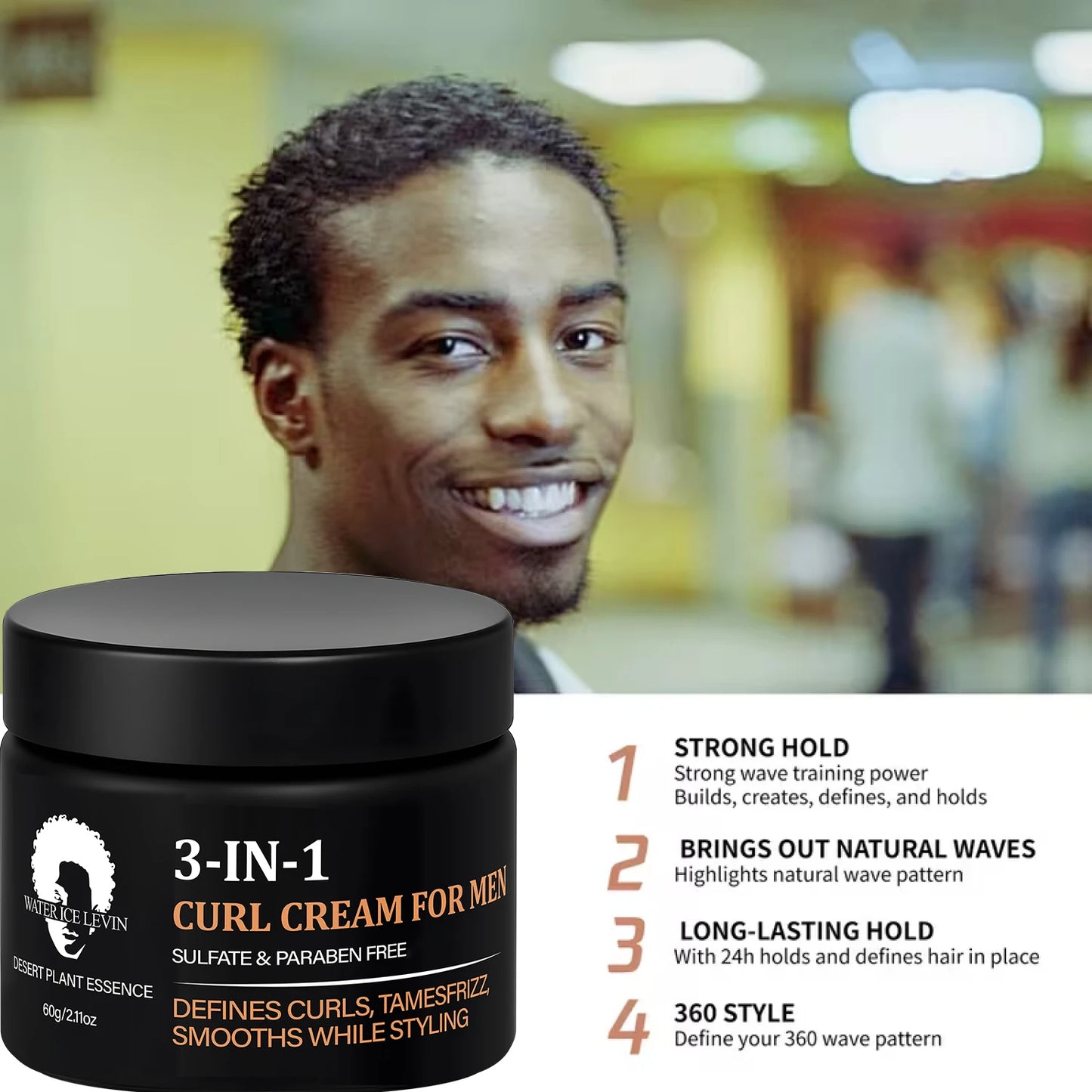 Men's 3-IN-1 Curl Cream with Coconut Oil & Collagen Defines Curls Tames Frizz Smoothes Styling Sulfate Free 60g
