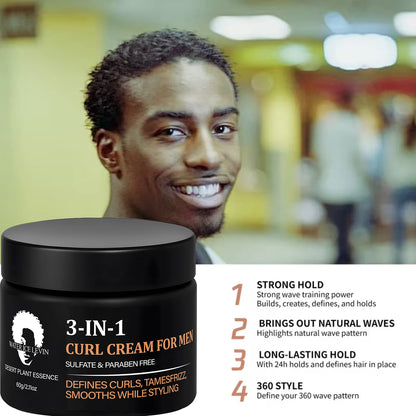 Men's 3-IN-1 Curl Cream with Coconut Oil & Collagen Defines Curls Tames Frizz Smoothes Styling Sulfate Free 60g