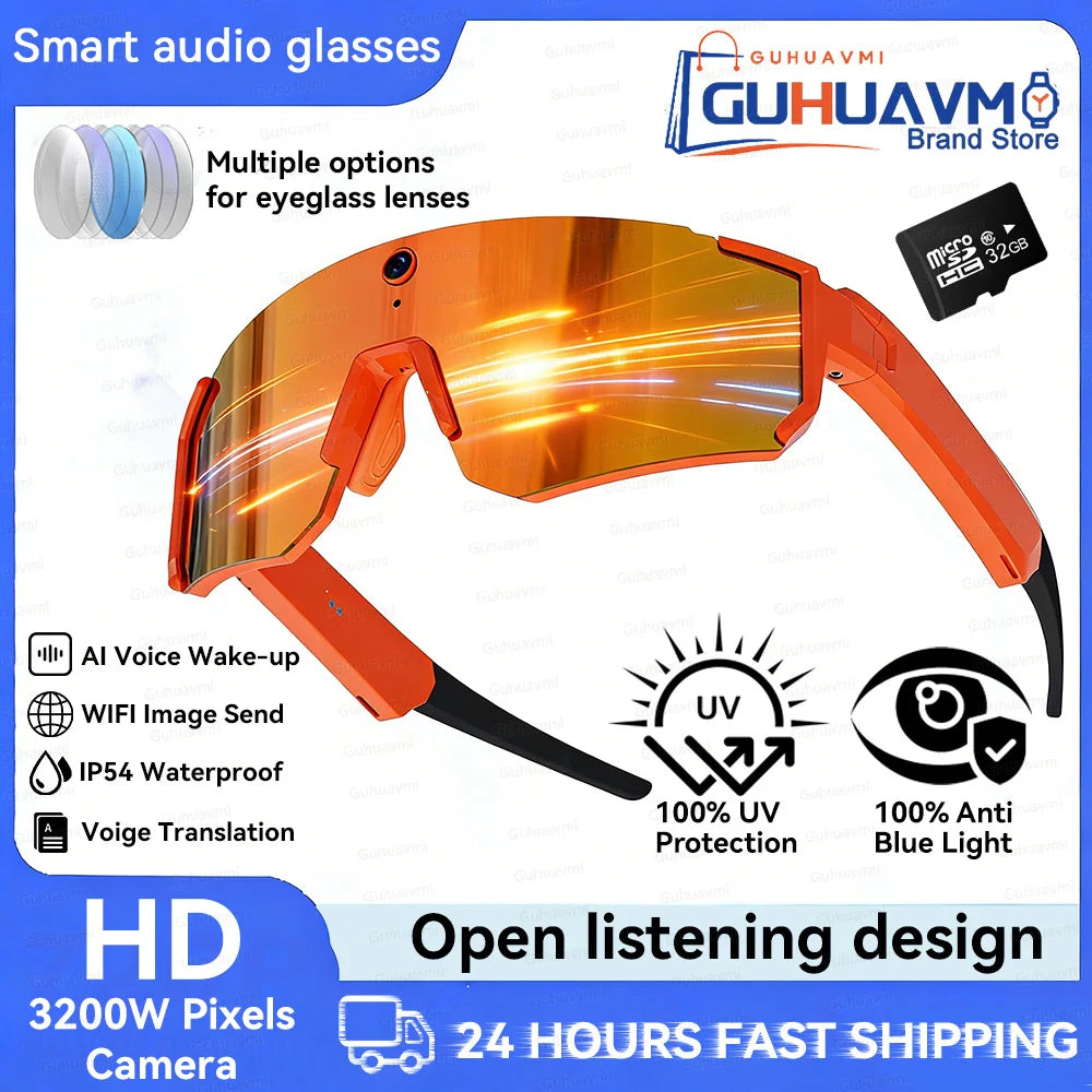 2026 AI Skiing Smart Glasses 800W HD Anti-shake Camera Action Capture Goggles Men 3D Surroud Sound AI Chat Call Sport Sunglasses