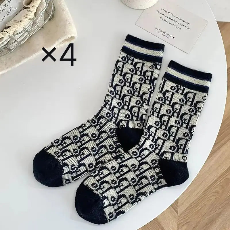 Kuwa 1/2Pairs Trendy Winter Wool Socks Ladies Monogram Pattern Solid Color Thickened Middle Tube Socks Breathable Wholesale