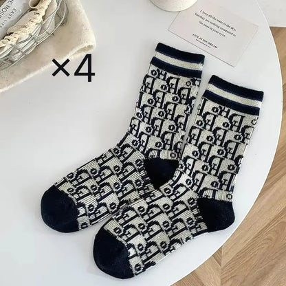 Kuwa 1/2Pairs Trendy Winter Wool Socks Ladies Monogram Pattern Solid Color Thickened Middle Tube Socks Breathable Wholesale