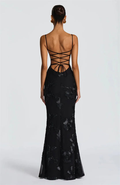 Mozision Spaghetti Strap Backless Sexy Maxi Dress Women Gown Floral Ribbon Applique Sleeveless Bodycon Evening Club Party Dress