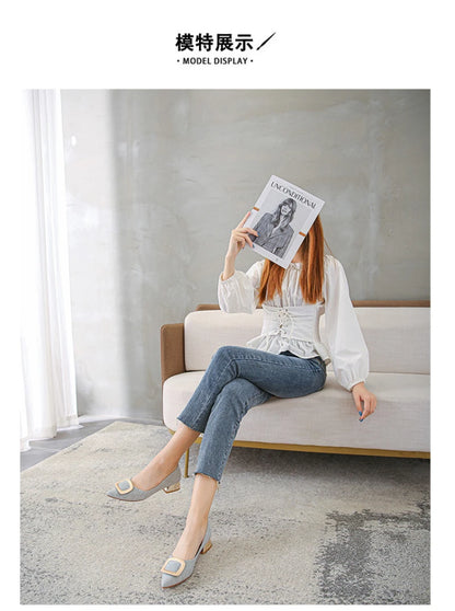Womens Light Blue Glitter Pointed Toe Block Heel Pumps With Gold Square Buckle Detail Metallic Heel Elegant Dress Shoes Ladies
