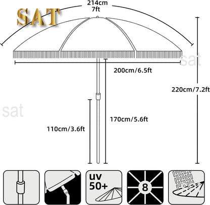#For 7ft Patio Umbrella with Fringe Outdoor Tassel Umbrella UPF50+ Premium Steel Pole and Ribs Push Button Tilt,  Gazebo&