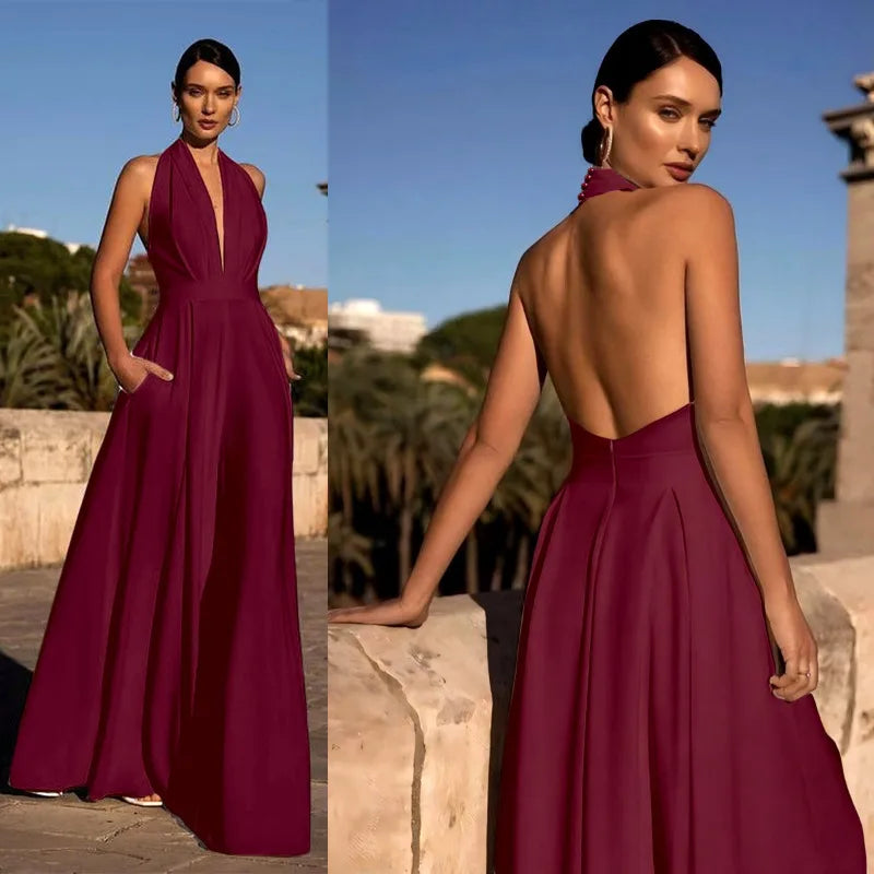 Elegant Women Corset Party Jumpsuit Y2K Sexy Halter Backless Loose Wide Leg Trousers Palazzo Pants Romper Celebrity One Pieces