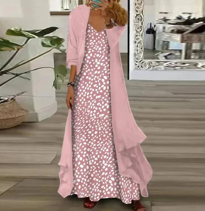 New 2025 Women's Floral Print Dress Two-Piece Set Inner Wear Polyester Fiber Short Sleeve Ankle-Length Regular Waistline