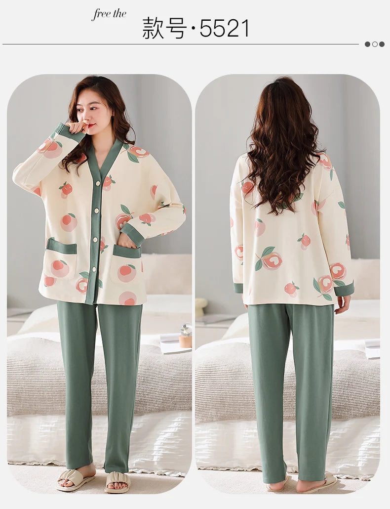 Autumn Women V-Neck Pajamas Sets Fashion Print Cotton Female Pyjamas Two Pieces Shirts + Pants Nighties Big Yards 5XL Sleepwear