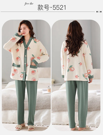 Autumn Women V-Neck Pajamas Sets Fashion Print Cotton Female Pyjamas Two Pieces Shirts + Pants Nighties Big Yards 5XL Sleepwear