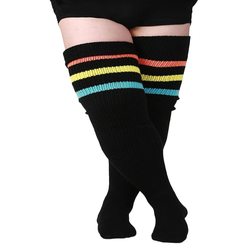 Women's Striped Plus Size Thick Thigh-High Socks Collection Big Girls Acrylic Yarn Stretch Colorful Streaks Leg Warmer Socks