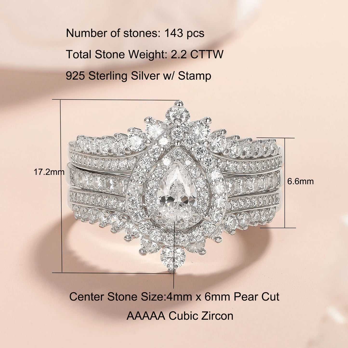 Newshe 925 Sterling Silver Wedding Rings Set for Women Tear Drop CZ Double Halo Engagement Ring with Enhancer Guard Jewelry