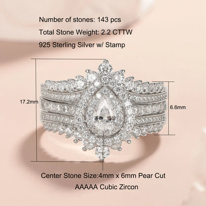Newshe 925 Sterling Silver Wedding Rings Set for Women Tear Drop CZ Double Halo Engagement Ring with Enhancer Guard Jewelry
