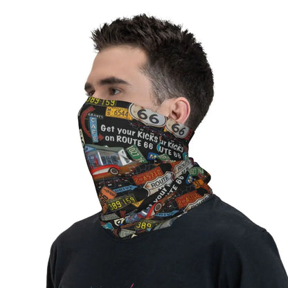 Custom Travel Motorcycle Ride Route 66 Bandana Winter Neck Warmer Windproof Wrap Face Scarf for Hiking Highways Gaiter Headband