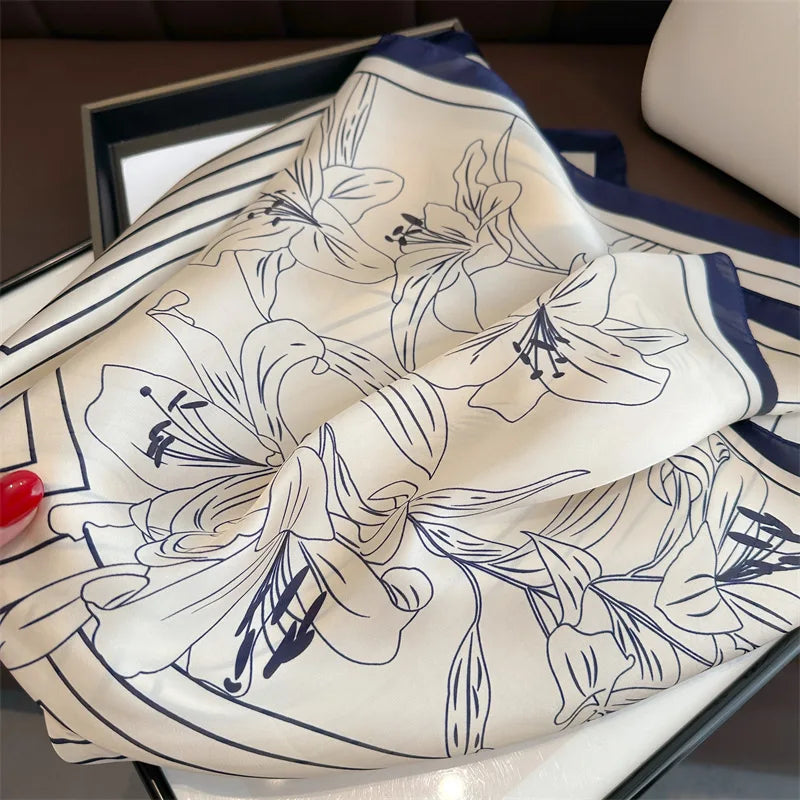 2025 New Fashion Women Silk Scarf 70cm Square Scarves Floral Print Bandana Neckerchief Hijab Lady Luxury