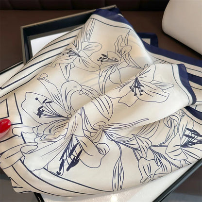 2025 New Fashion Women Silk Scarf 70cm Square Scarves Floral Print Bandana Neckerchief Hijab Lady Luxury