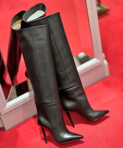 New European and American Women's Slim High Heels, Pointed Rivets, Knee Length Boots, Fashionable Party Oversized Mid Size Boots