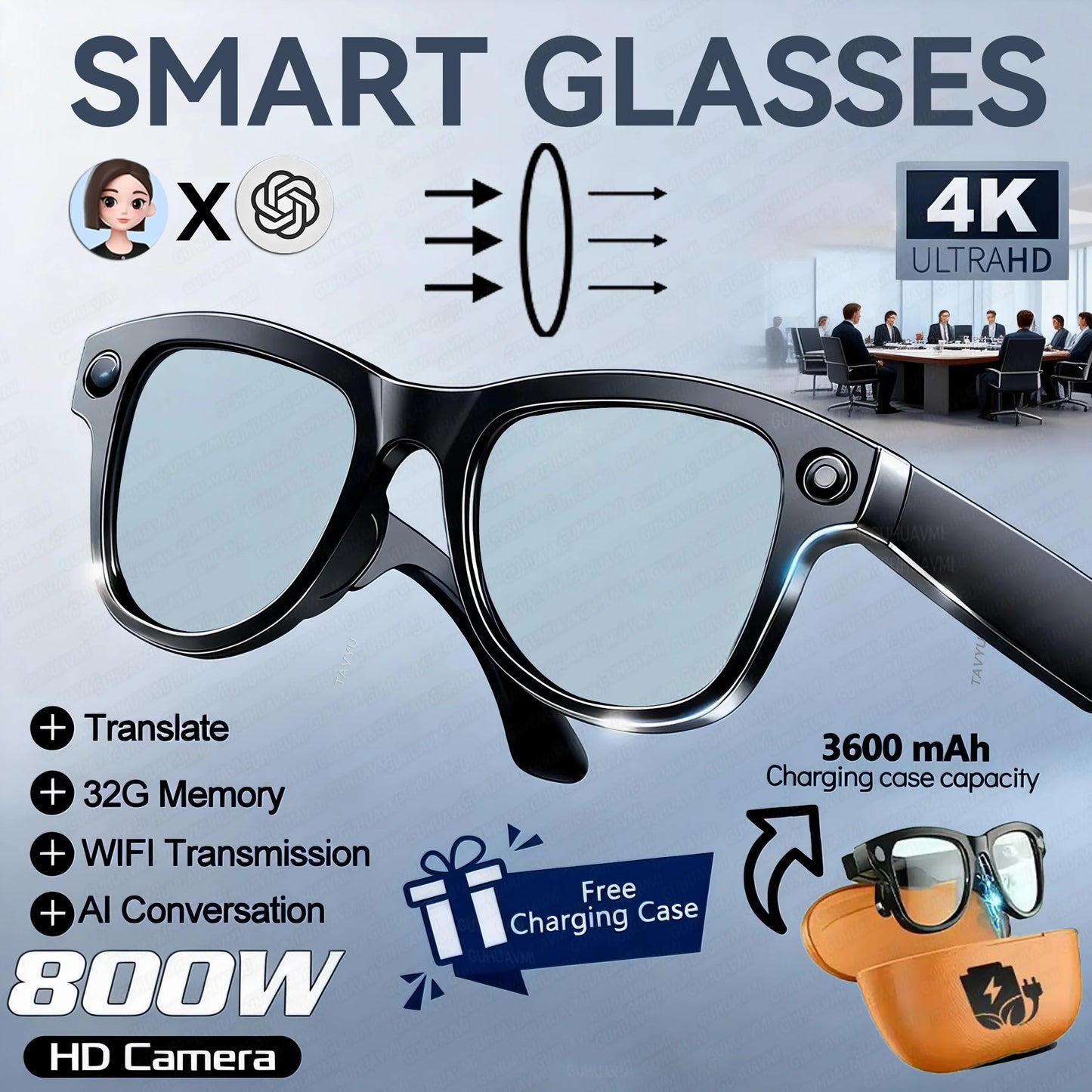 2026New 800W 4K HD Color Change AI Smart Glasses Men Record Video 3600mAh Battery 120+Languages Translation Music Player Glasses