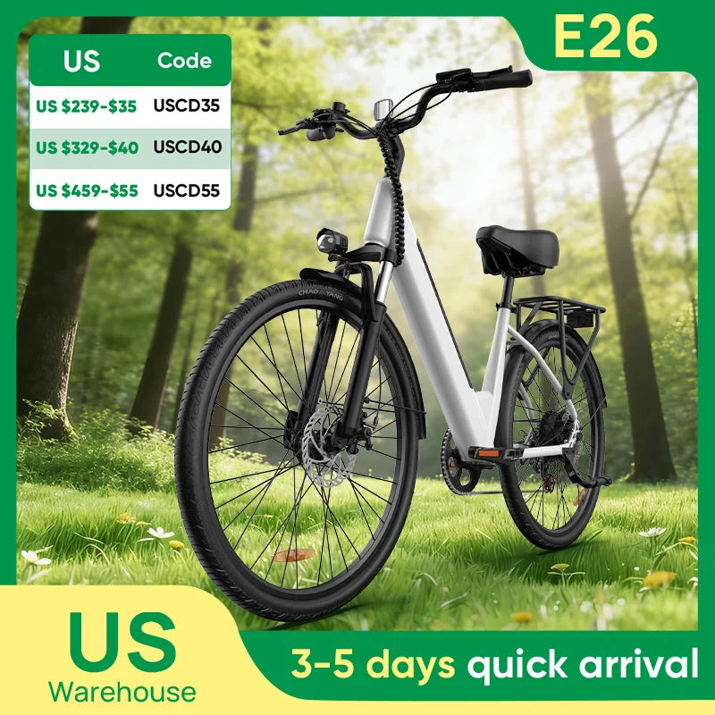 750W E-Bike Commuter 26x2" Tires 48V 10.4Ah Removable LCD Display 20MPH Speed 7-Speeds Hydraulic Disc Brakes for Adults