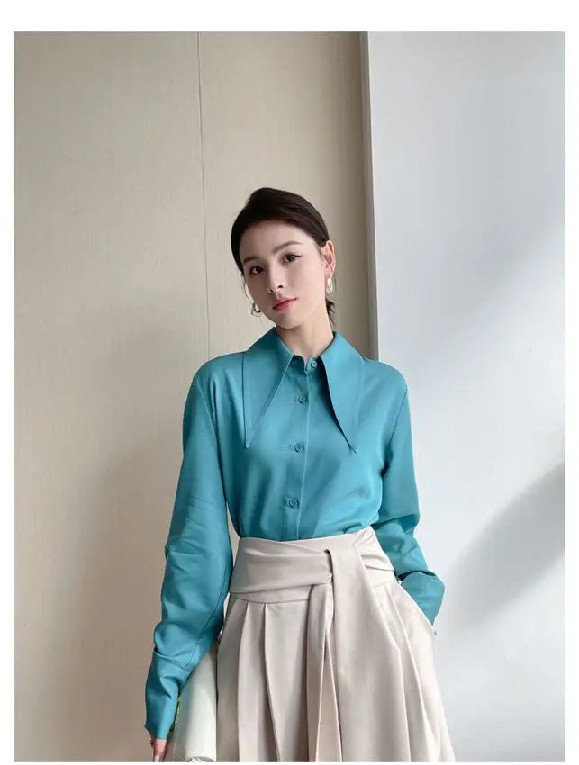 Spring Autumn New Elegant Long Sleeve Loose Shirt Tops Solid Color All-match Fashion Blouse Temperament Korean Women Clothing