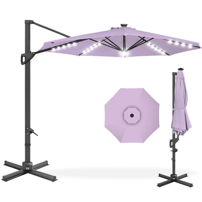 10ft Solar LED Cantilever Patio Umbrella, 360-Degree Rotation Hanging Offset Market Outdoor Sun Shade for Backyard,, Customized