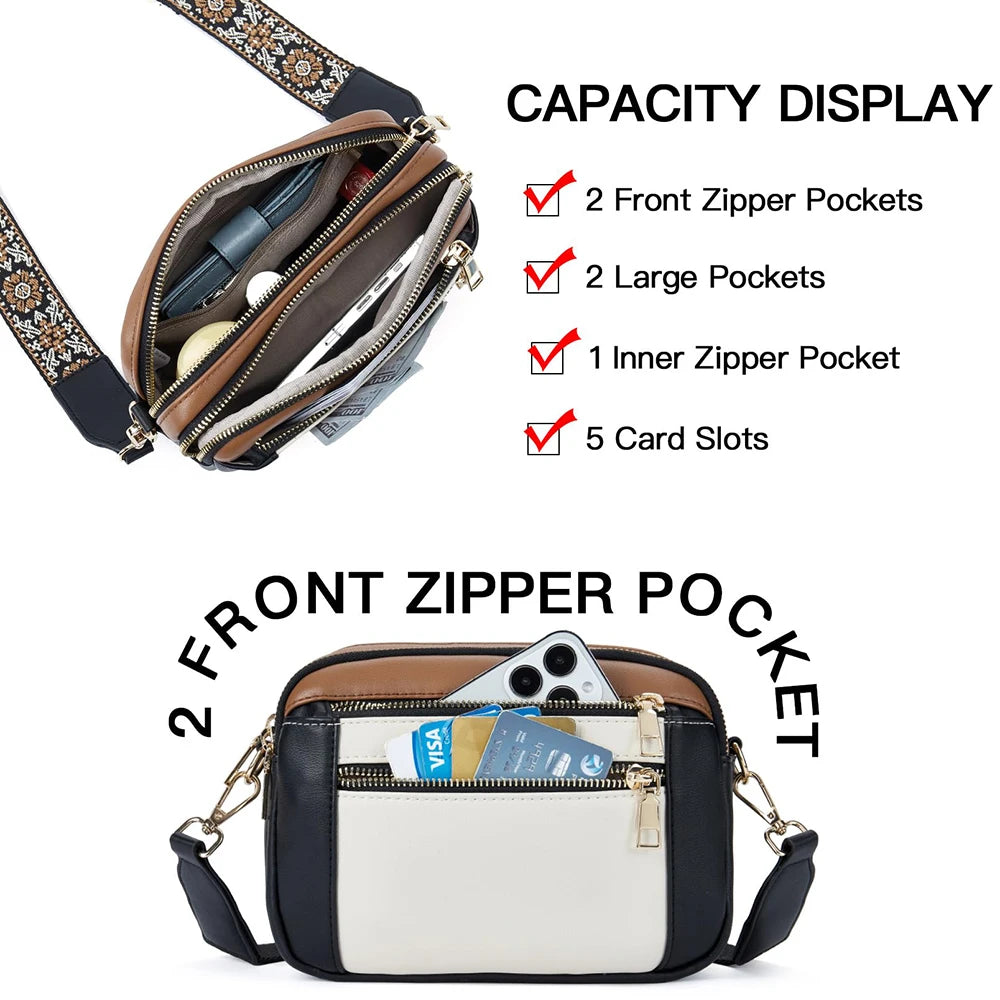 Stylish Wide Strap Shoulder Bag Women's Multiple Pockets Faux Leather Crossbody Bags Adjustable Strap  Travel Handbag Purse