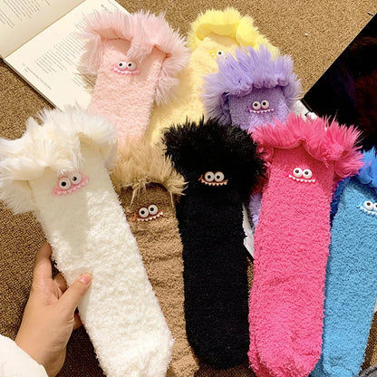 Funny Big Mouth Monster Plush Socks Cute And Fun Plush Socks Thick Coral Velvet Cartoon Sleeping Socks Winter Women Socks Gifts