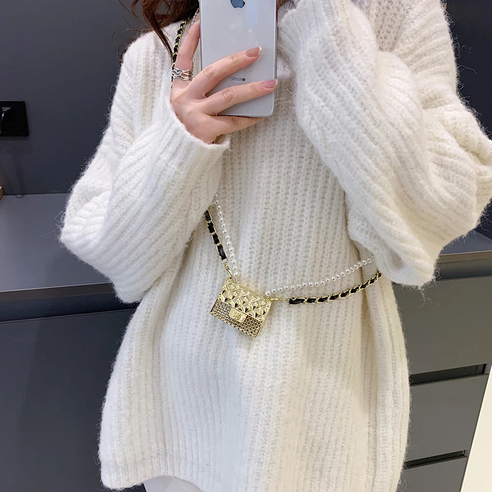 Mini dinner bags for women fashionable metal small box bag designer pearl chain shoulder bag clothing accessories crossbody bag