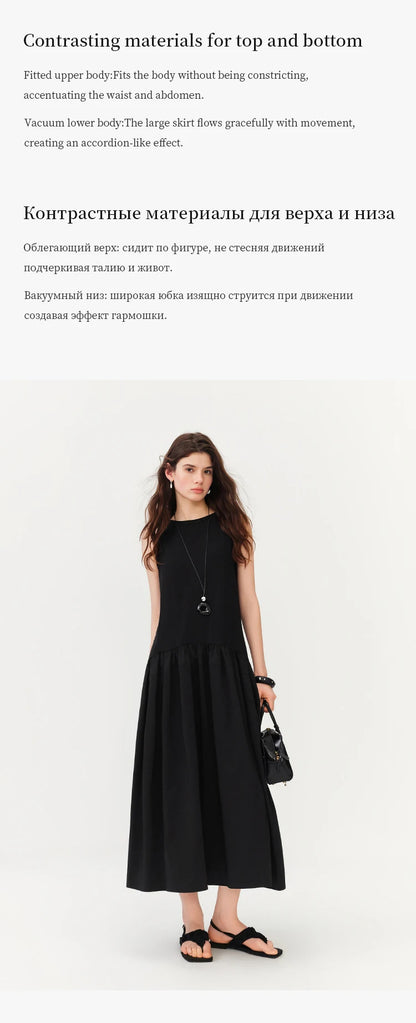 FSLE Women's Minimalist Commute Sleeveless Crew Neck Slim Fit Tank Dress 2026 Summer New Arrival Elegant Black Long Daily Dress