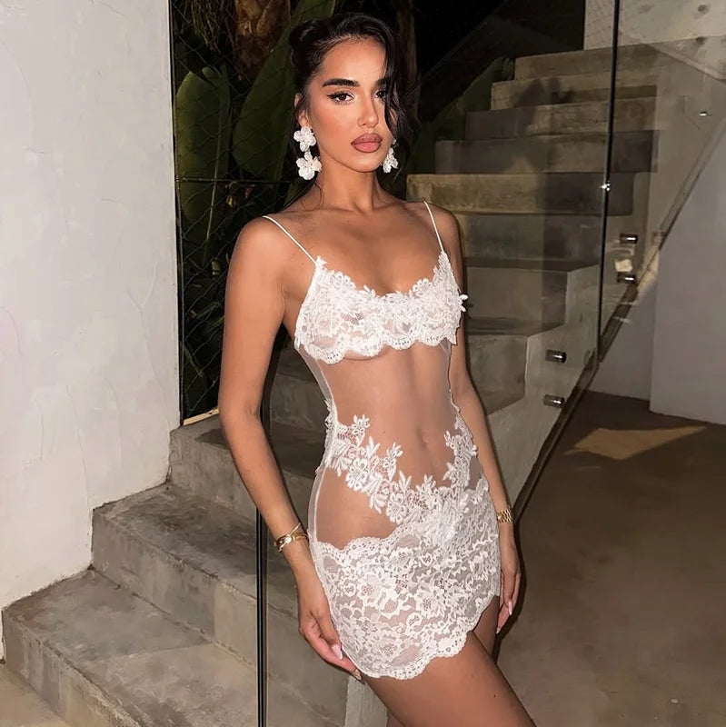 Hugcitar Women'S Fashion Lace Solid Slips Patchwork Sexy Slim See Through Mini Dress Summer Vacation Party Night Club Outfit