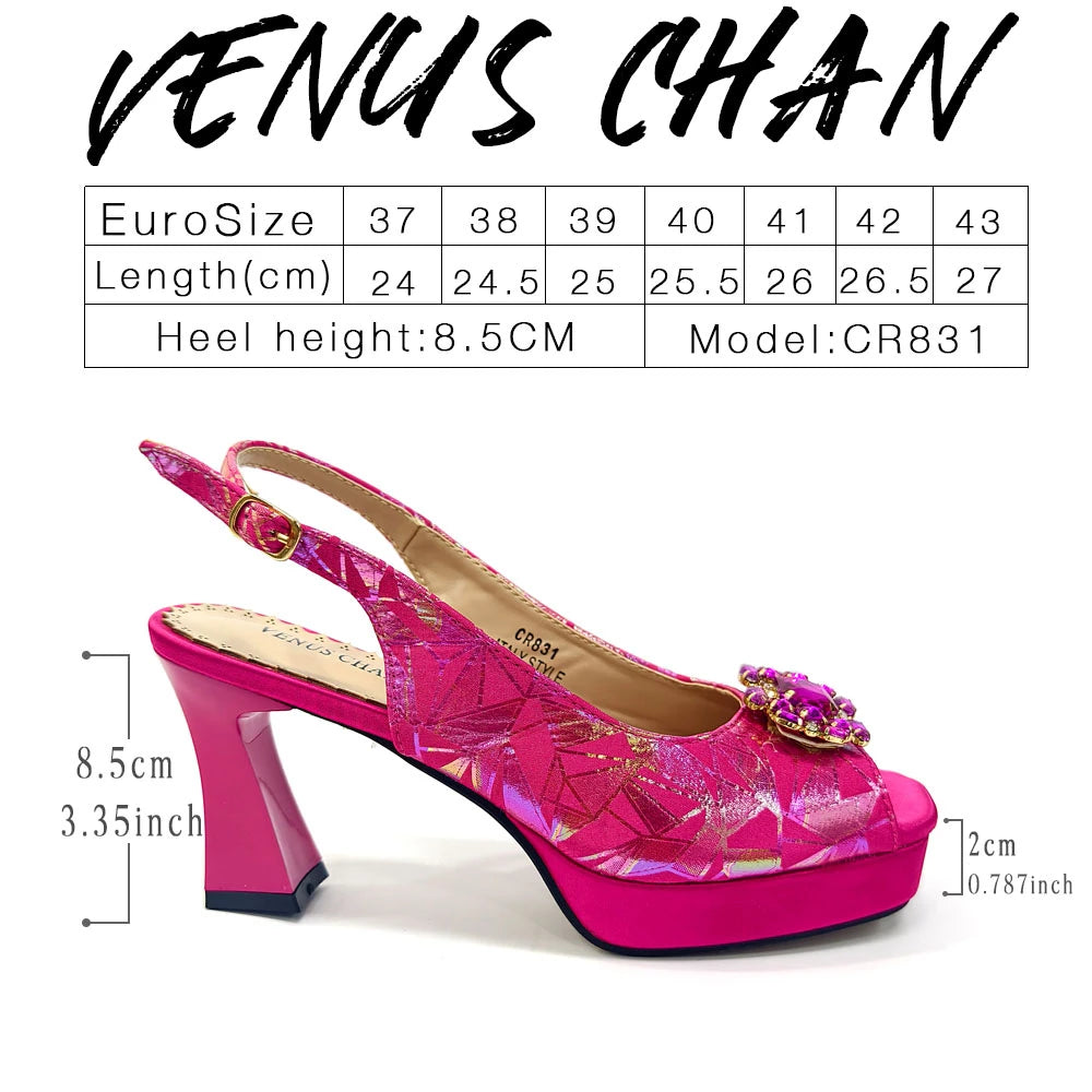Venus Chan 2025 Elegant Peep-Toe Heels for Women - Perfect Italian Party Shoes & Bag Set with Sparkling Diamond Accents