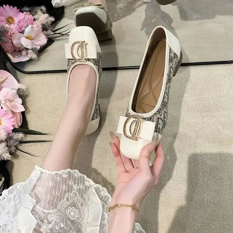 Soft Bottom Women Bean Metal Single Shoes Fashionable Versatile Shallow Mouth Retro Square Head Flat Bottom Coarse Women's Shoes