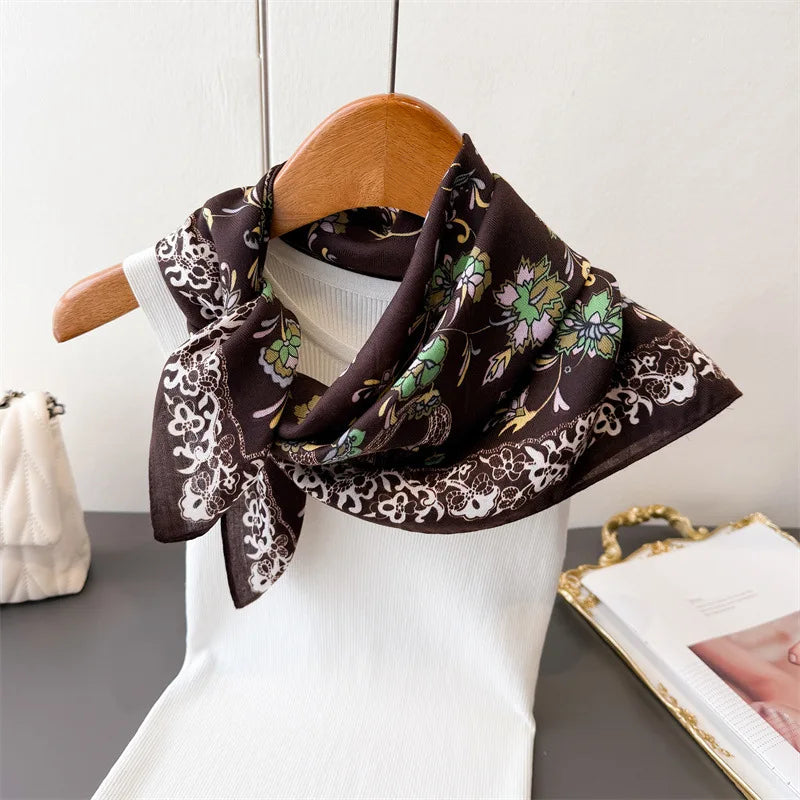 65*65cm Floral Print Small Cotton Feel Neck Ties Velvet Square Scarf for Women Soft Neckerchief Lady Hijab Female Hair Headbands