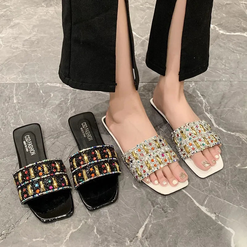 Slippers for Women Shiny Rhinestone Sandals Women Outdoor Beach Casual Shoes Sexy Fashion Big Size Flat Shoes Sandalias De Mujer