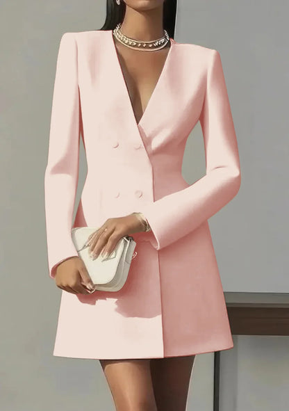 Women's Fashion Solid Button Blazer Short Dresses Autumn Winter Sexy V-neck Party Dress  Office Ladies Long Sleeve Slim Dress