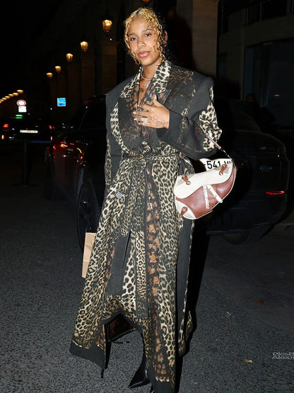 Kliou Leopard Print Trench Coat Woman Autumn Trend High Waist Bandage Cardigan Lapel Full Sleeve Street Fashion Style Clothing