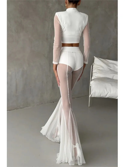 Sexy Sheer Flare Pants For Women Fashion Solid High Waist Long Pants Lady Casual Holiday Streetwear Women's Clothing New 2025
