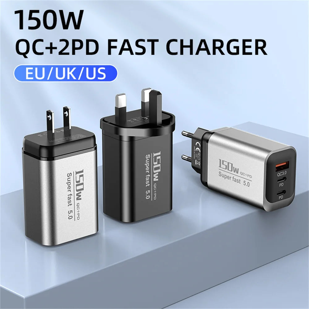 150W USB Type C Charger USB QC3.0 Fast Charging Mobile Phone Charger Travel Adapter For iPhone 17 Samsung Xiaomi EU/UK/US Plug
