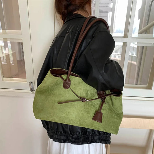 Women's Vintage Faux Suede Leather Tote Bag Contrast Color Strap Casual Shoulder Handbag Elegant Daily Bag for Commute Shopping