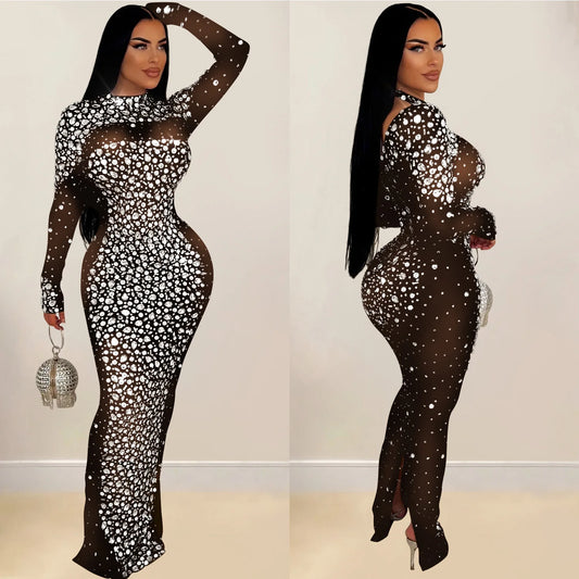Party Dress Women Floor Length Dresses Vestidos Hot Drilling Evening Bodycon Square Collar Prom High Waist Evening Night 2025