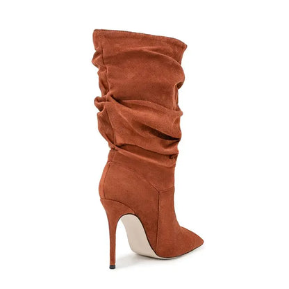 2025Women's Autumn and Winter New Pleated High-heeled Short Boots with Pointed Sleeves, Women's 35-47 Large Mid Length Boots